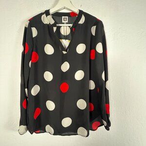 Anne Klein Womens Dot-Print Split-Neck Blouse Top Medium Black/Poppy Combo New